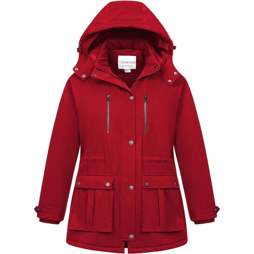 Women's Red Waterproof Fleece Lined Detachable Hood Jacket Coat Winter Warm